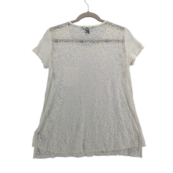Forever 21 Lace Back Blouse S Cream Crew‎ Neck Short Sleeve Romantic Staple Work - Picture 2 of 7